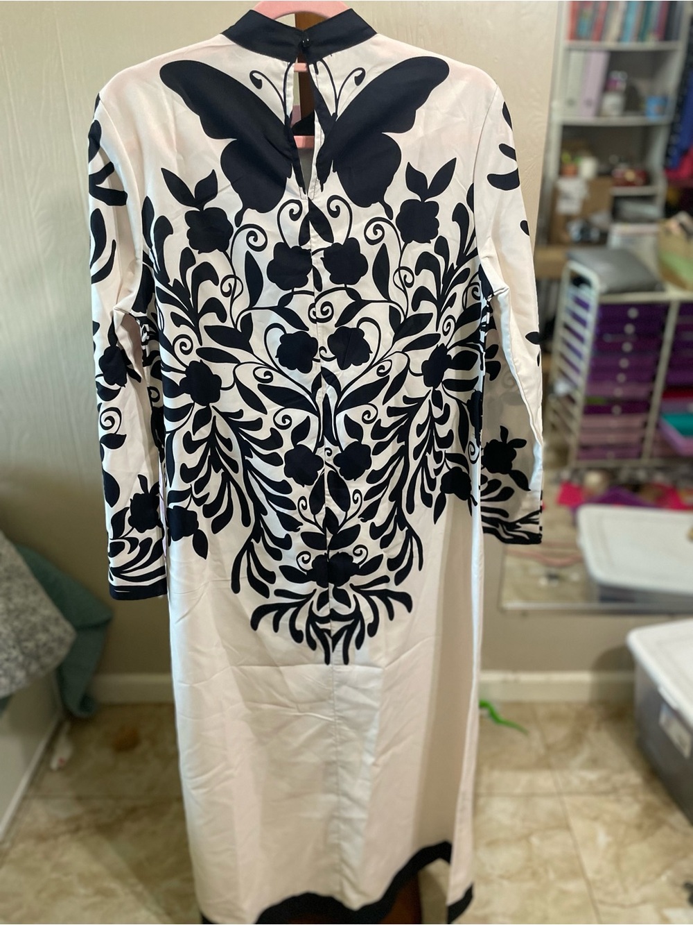 Long Sleeve Black & White Floral Butterfly Maxi Dress
